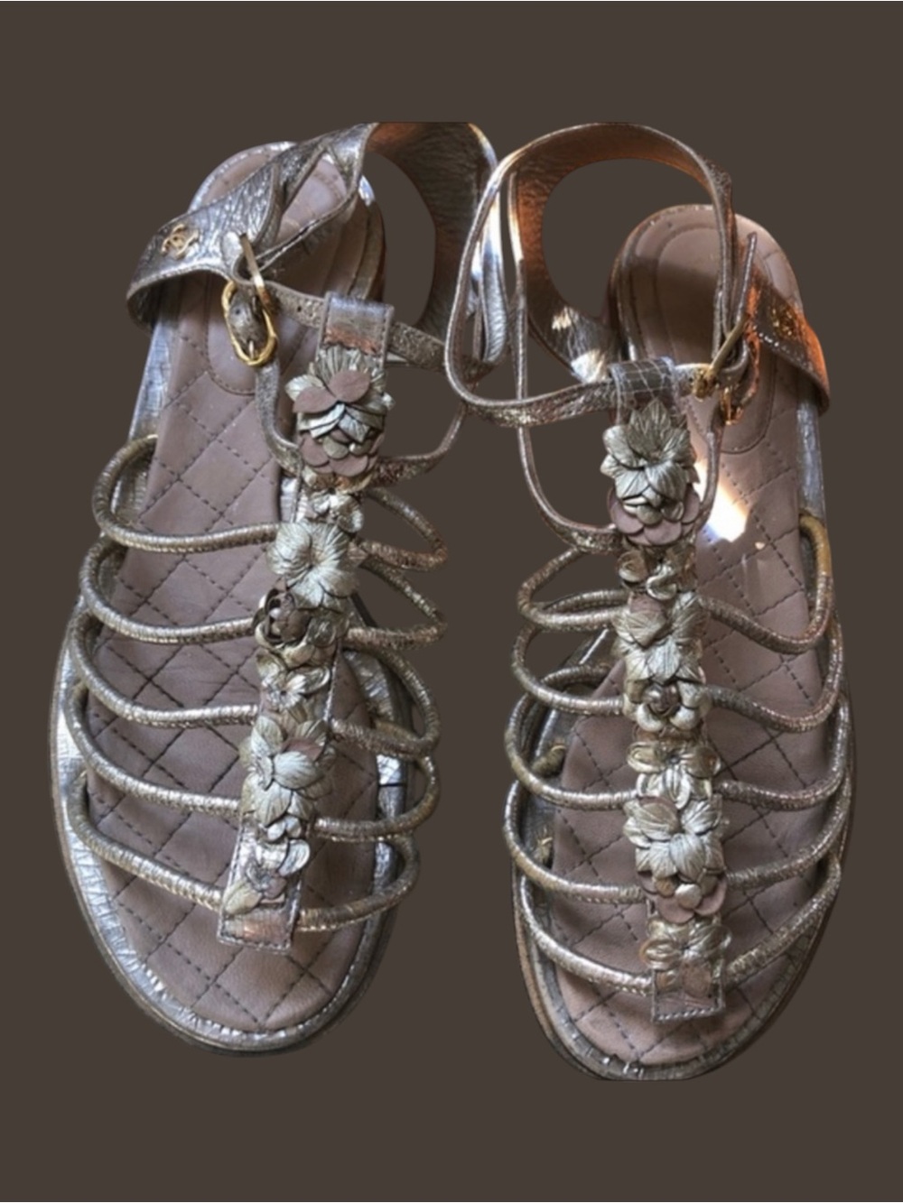 CHANEL Metallic Gold Floral Strappy Sandals